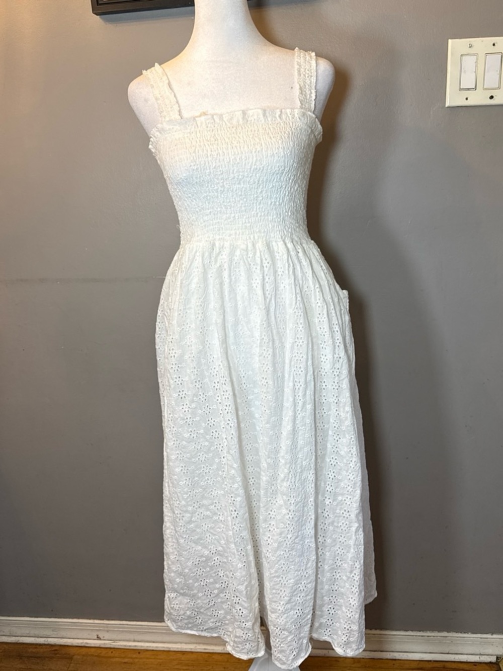 Black Tape_ White Eyelet Maxi Dress with Smocked Bodice